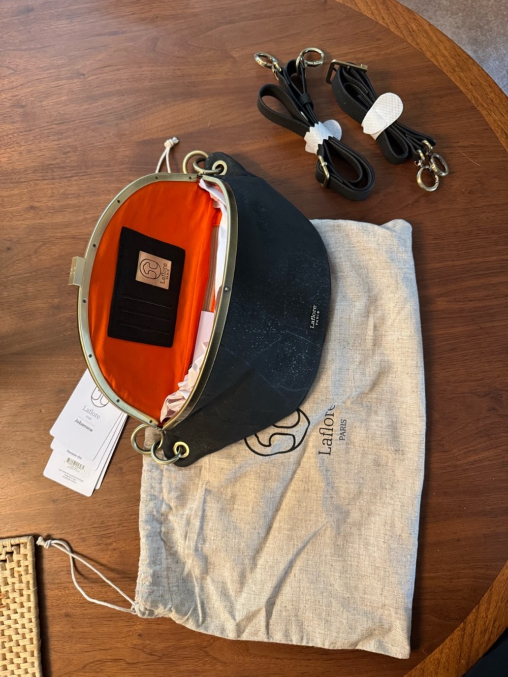 NWT Laflore Paris Black cork Crossbody Waist Bag with Orange Lining